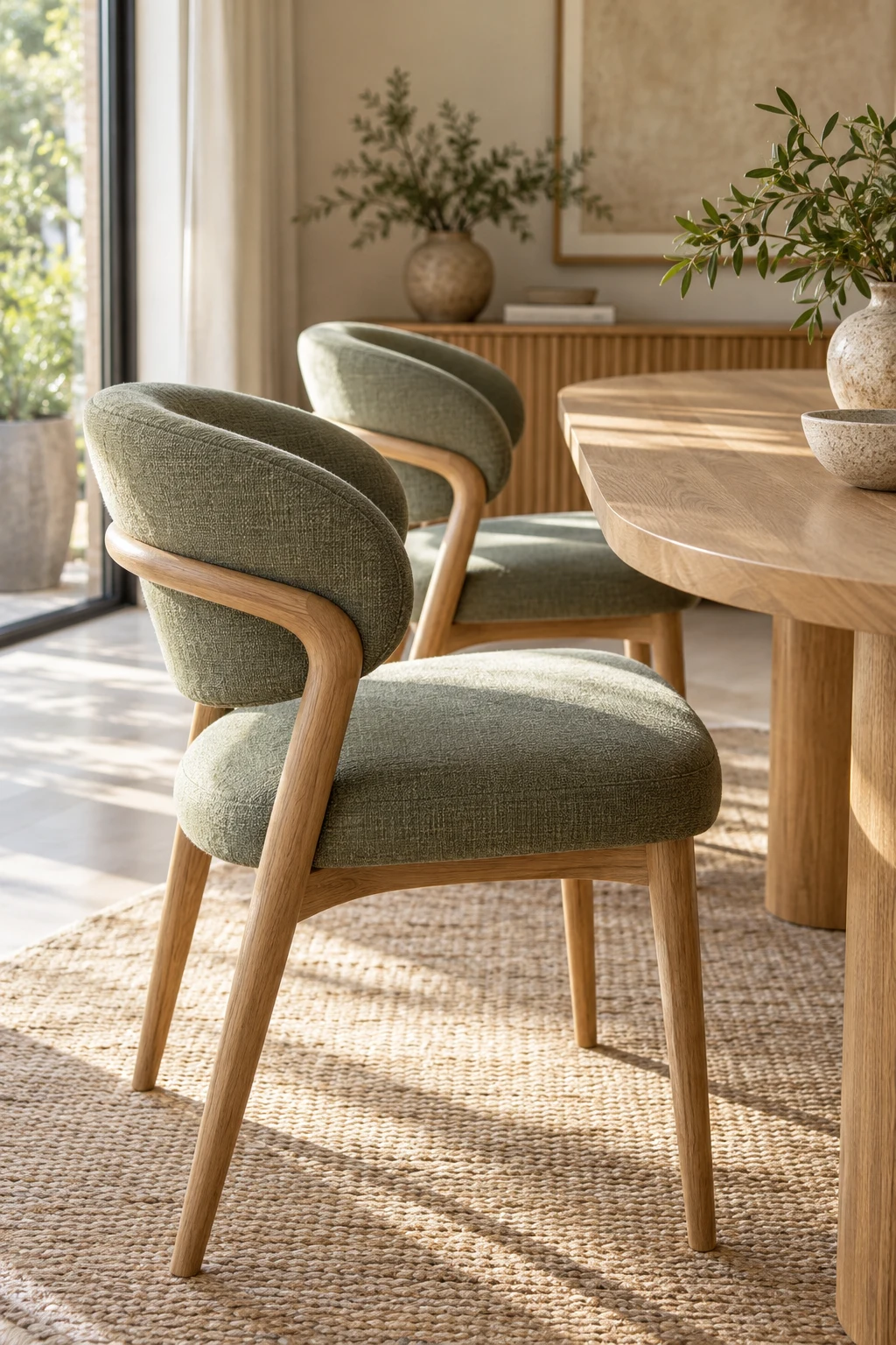 Cadeiras estofadas em verde-sálvia junto a uma mesa de madeira