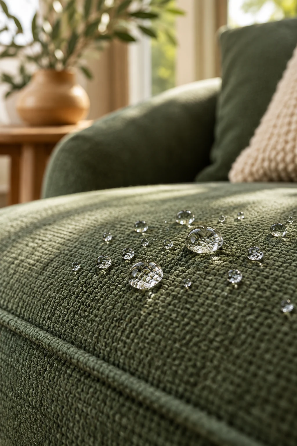 Gotas de água sobre tecido verde impermeabilizado